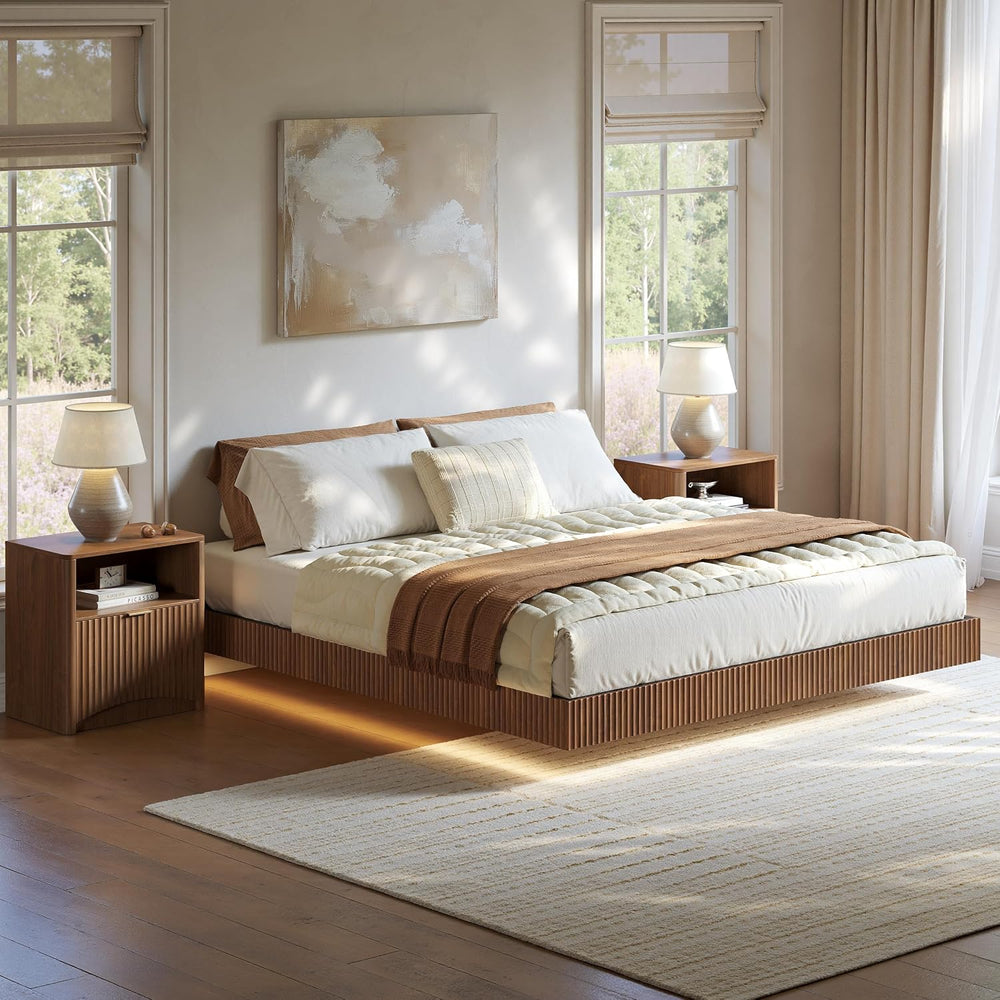 Evermagin Queen Bedroom Set, Fluted Floating Bed Frame & Nightstands,Walnut