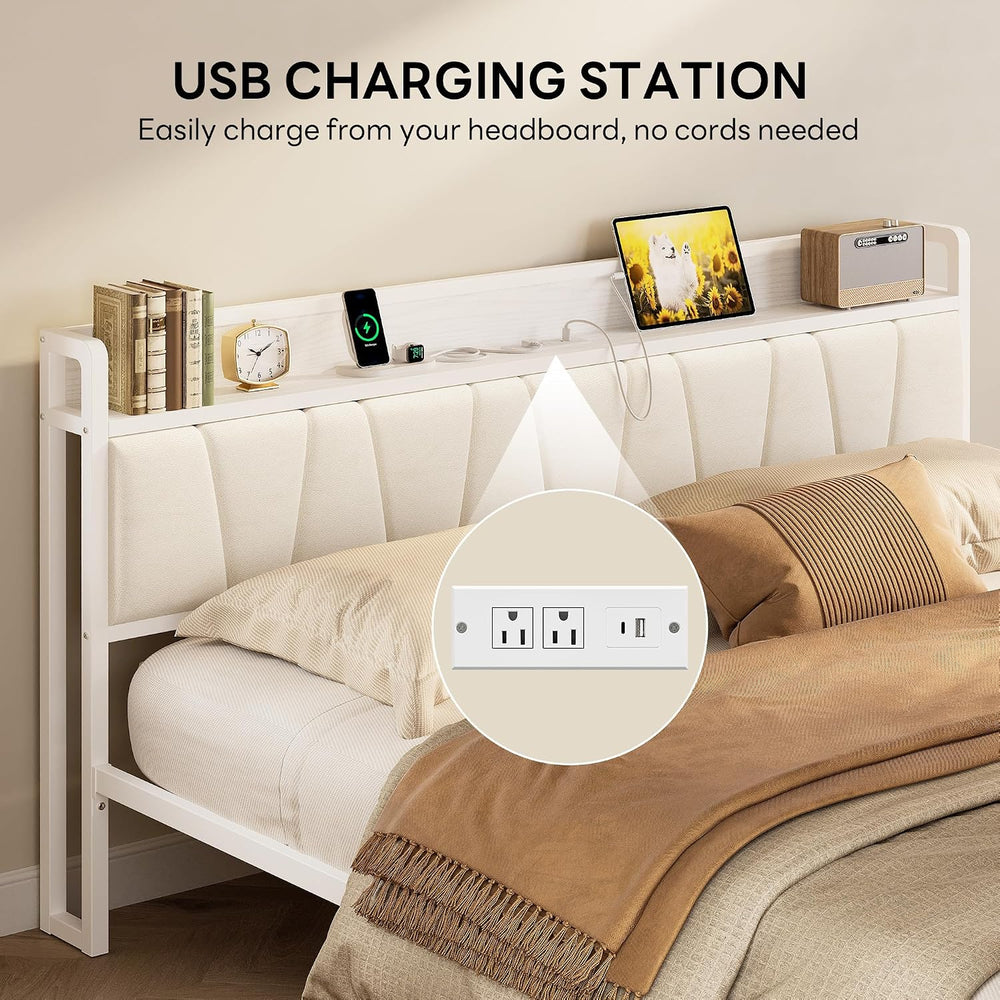 LIKIMIO King Bed Frame with Storage Headboard and Charging Station