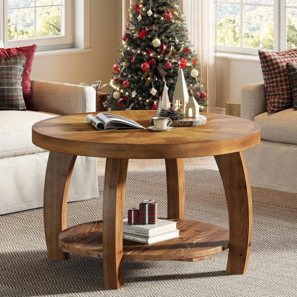 Solid Wood Round Coffee Table, 2-Tier Center Table with Storage