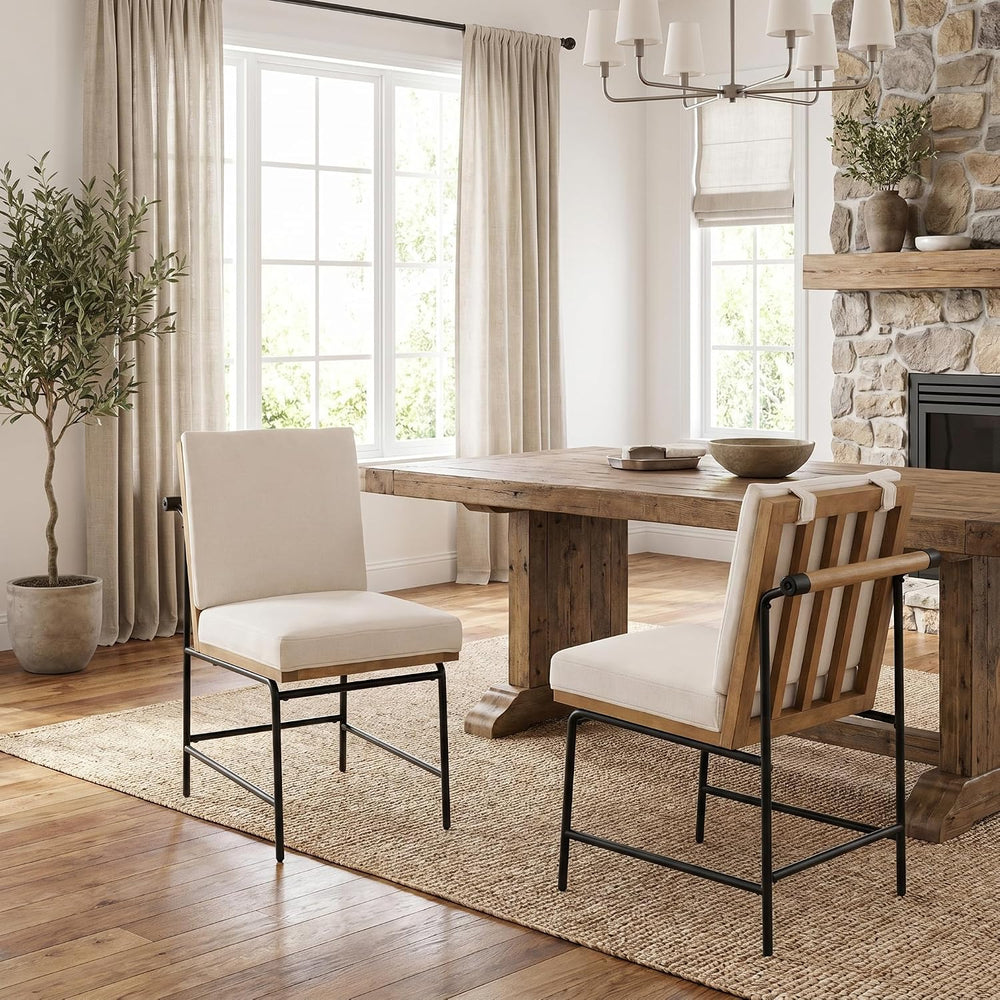 DUOMAY Mid-Century Linen Dining Chairs Set of 2 with Handle, White