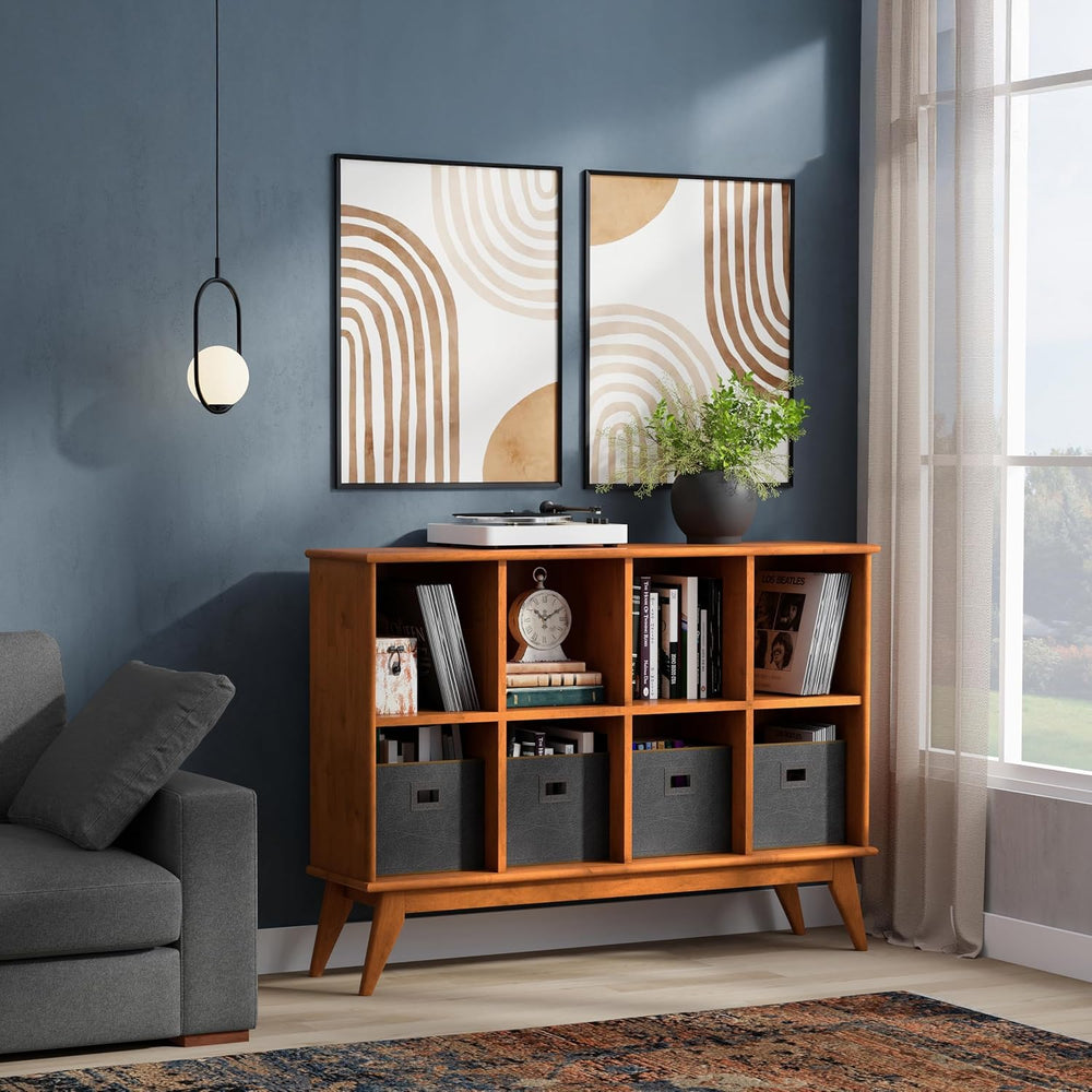 SIMPLIHOME Draper 57" Wide Solid Wood 8-Cube Console Table in Teak Brown