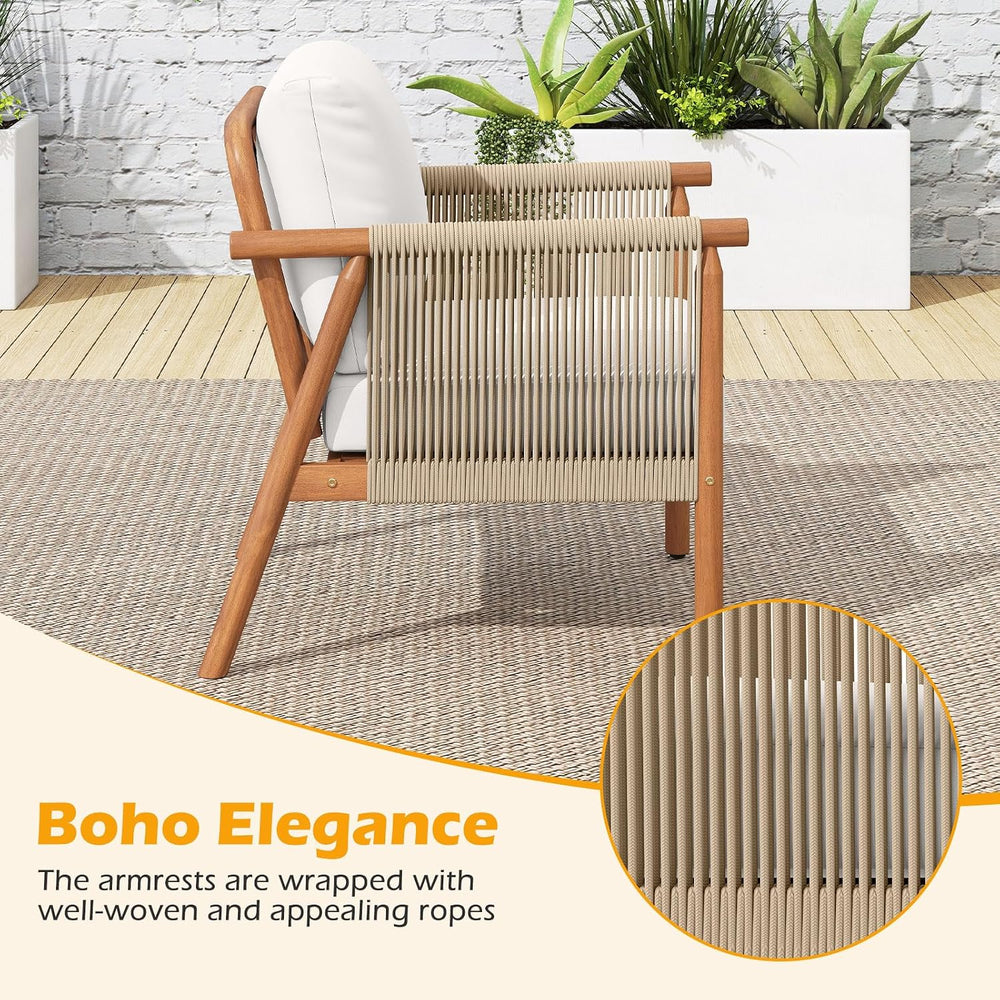 Tangkula Acacia Wood Patio Club Chair, Boho Accent Chair with Woven Rope Armr...