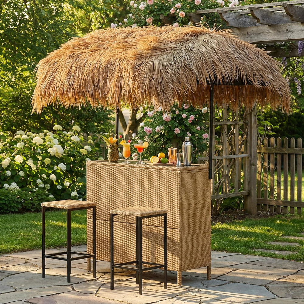 Outdoor Tiki Bar Set with Widen Hula Thatched Shade(48" L), 3-Piece Wick...