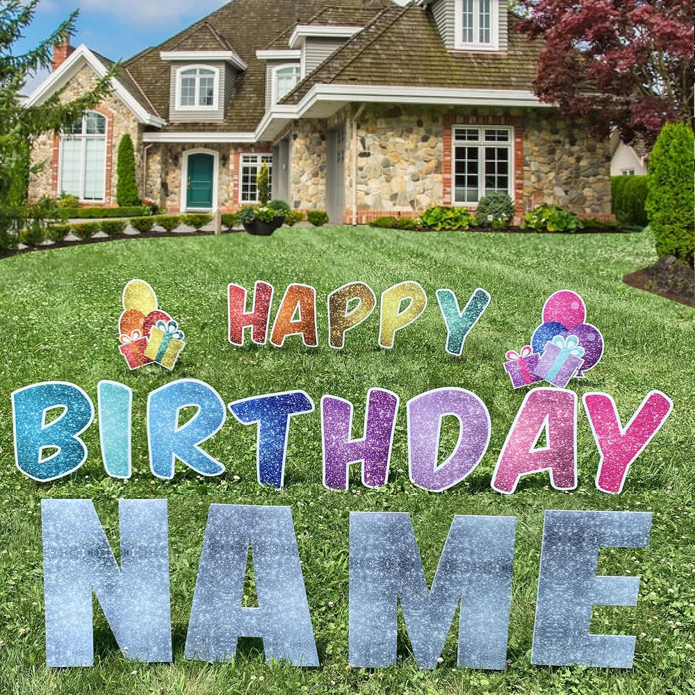 Rainbow Sparkle Happy Birthday Yard Letters 17pc Custom Name Outdoor Lawn Dec...