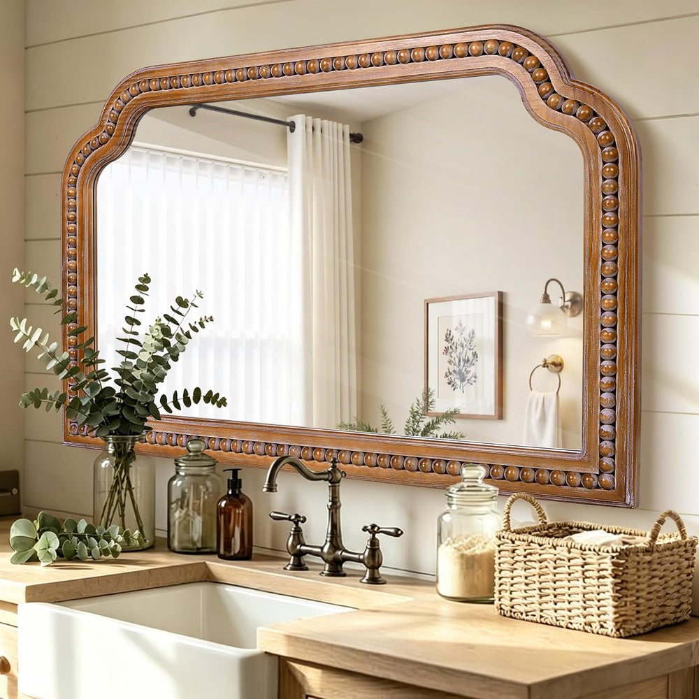 36x24 Inch Farmhouse Arch Wall Mirror Wood Beaded Framed