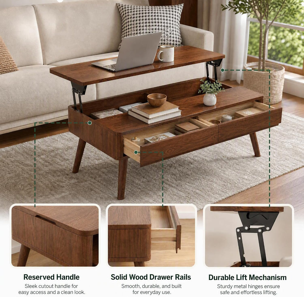 Solid Oak Lift Top Coffee Table with Drawers, Walnut, 47.24"