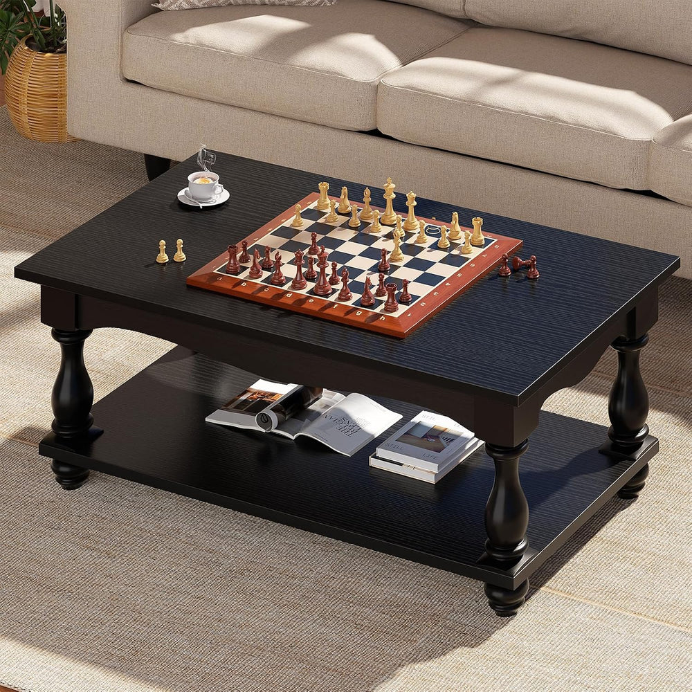 Besiost 47" Farmhouse Coffee Table with 2-Tier Storage, Black