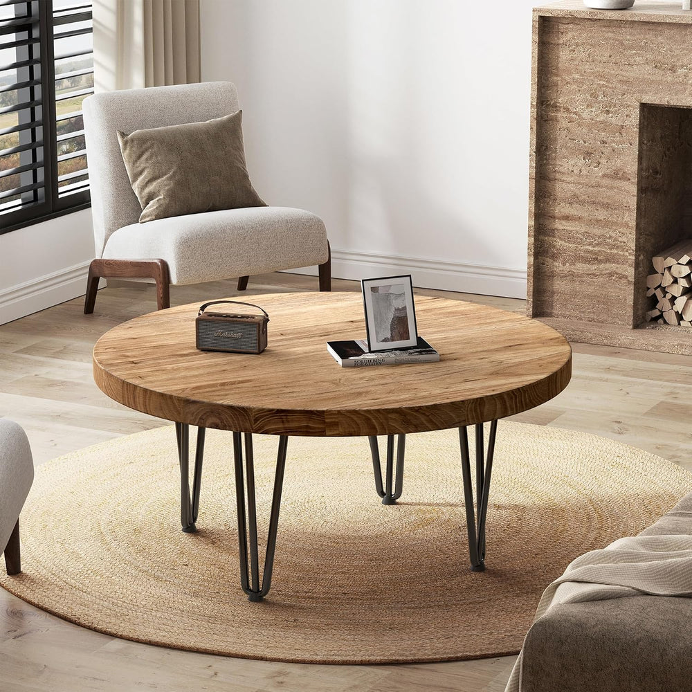 FLYJOE Rustic Wood Round Coffee Table with Metal Legs, Solid Elm Wood Top and...