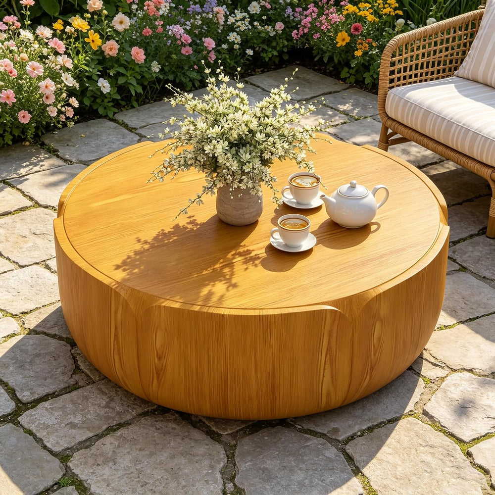 35.63" Round Outdoor Indoor Coffee Table - Modern Wood Grain Drum Center...