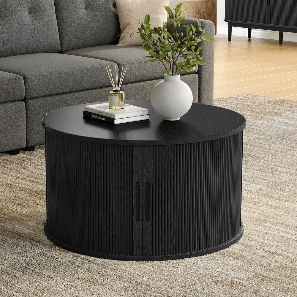 LINSY HOME Round Coffee Table, 31.5" Drum Coffee Table with Sliding Tamb...