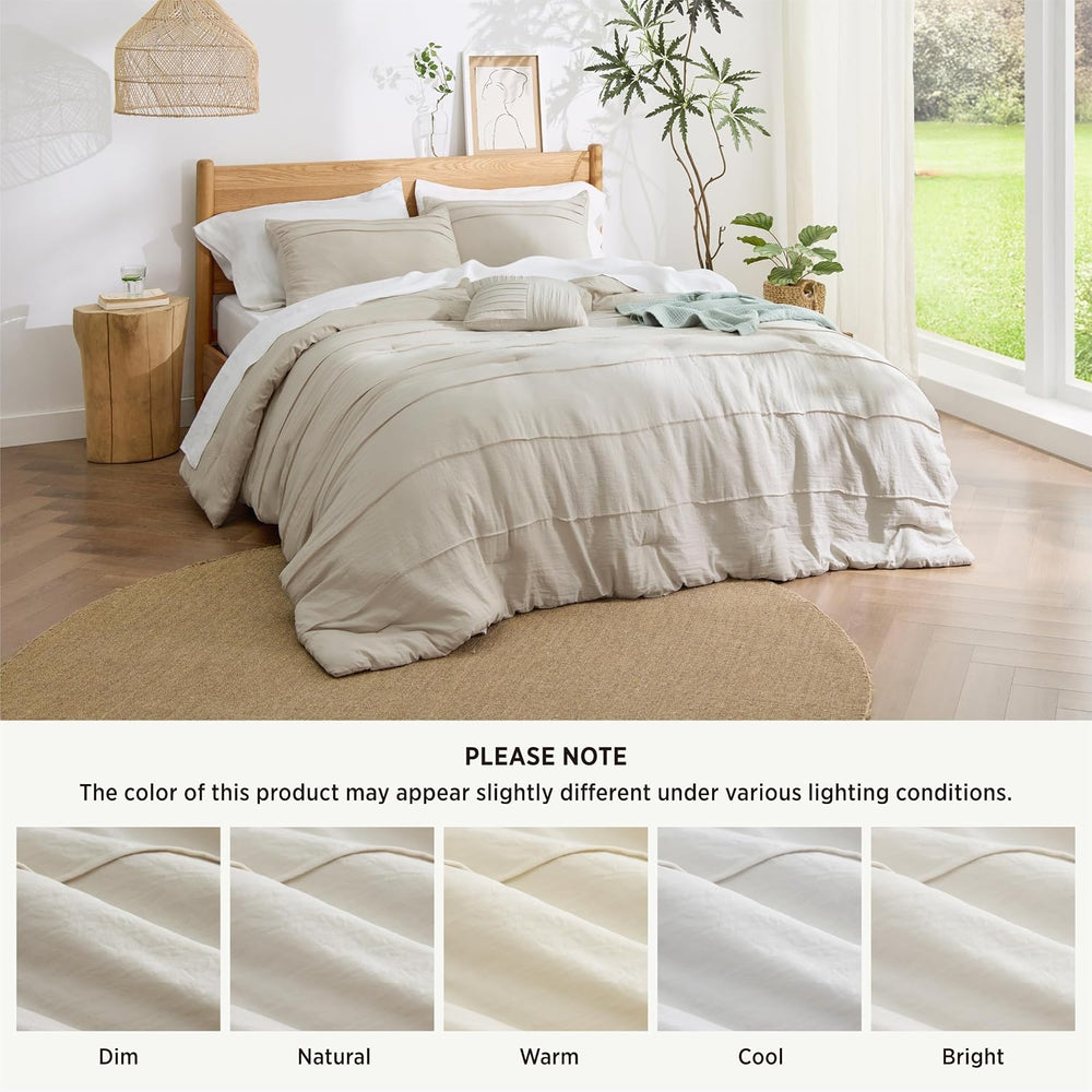 Bedsure Queen Comforter Set 4 Piece, Beige Boho, Pinch Pleat, All-Season