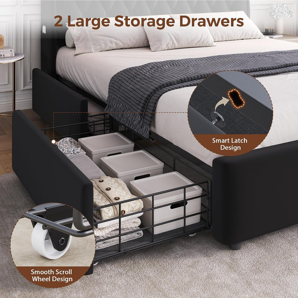 Jocoevol King Size Bed Frame with 2 Storage Drawers & Hidden Headboard