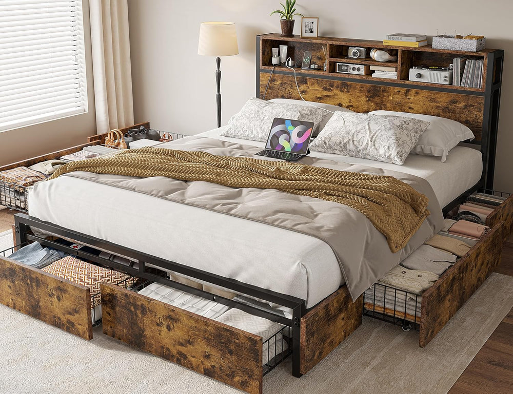 EnHomee Full Bed Frame with 6 Storage Drawers, Charge Station,Noise-Free