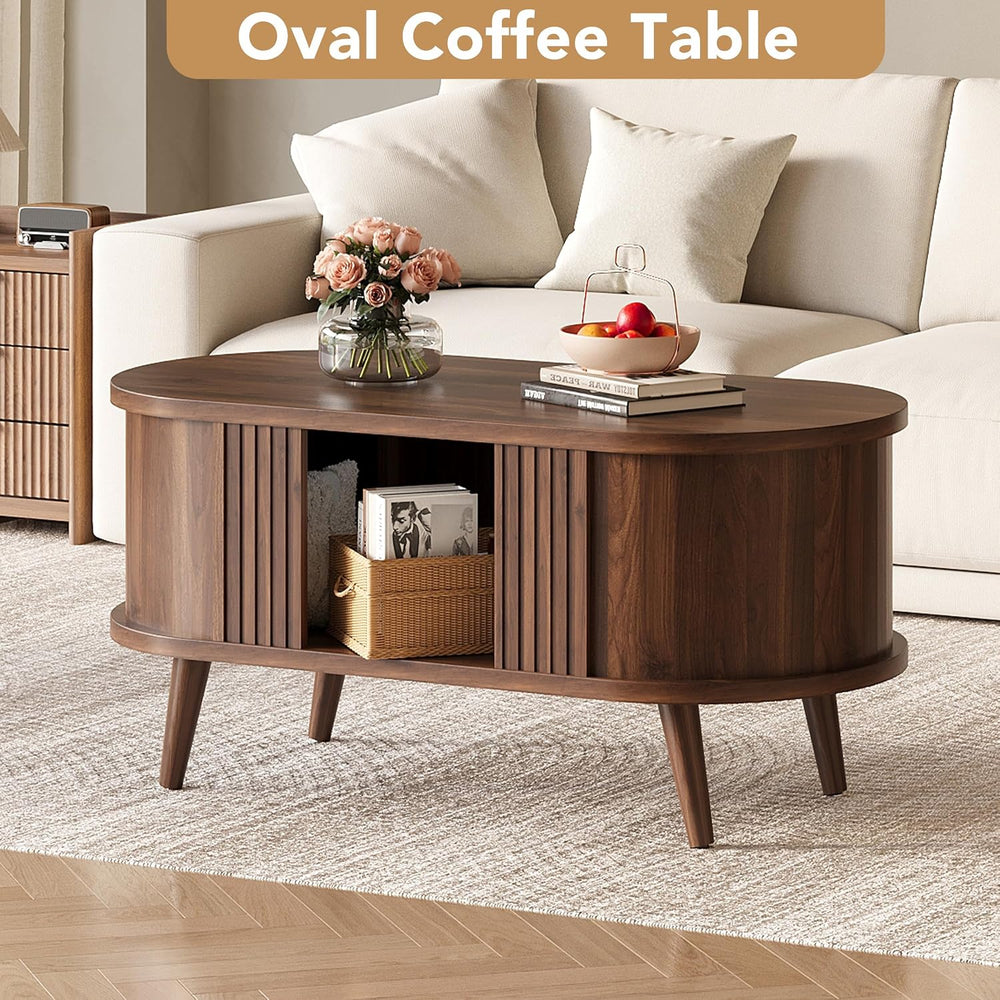 39.3" Oval Fluted Coffee Table with Storage, Fluted Mid-Century, Walnut