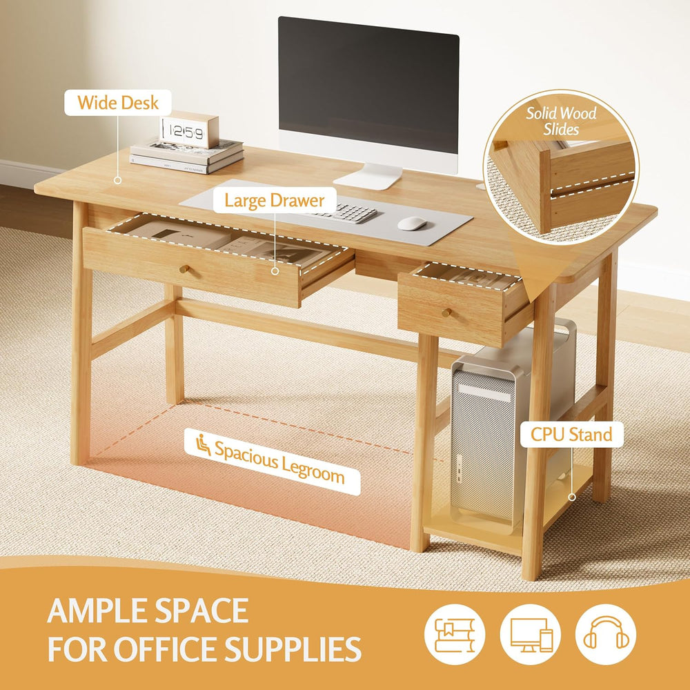 NELYE Solid Wood Writing Desk with Drawer, 58" W x 24" D, Oak