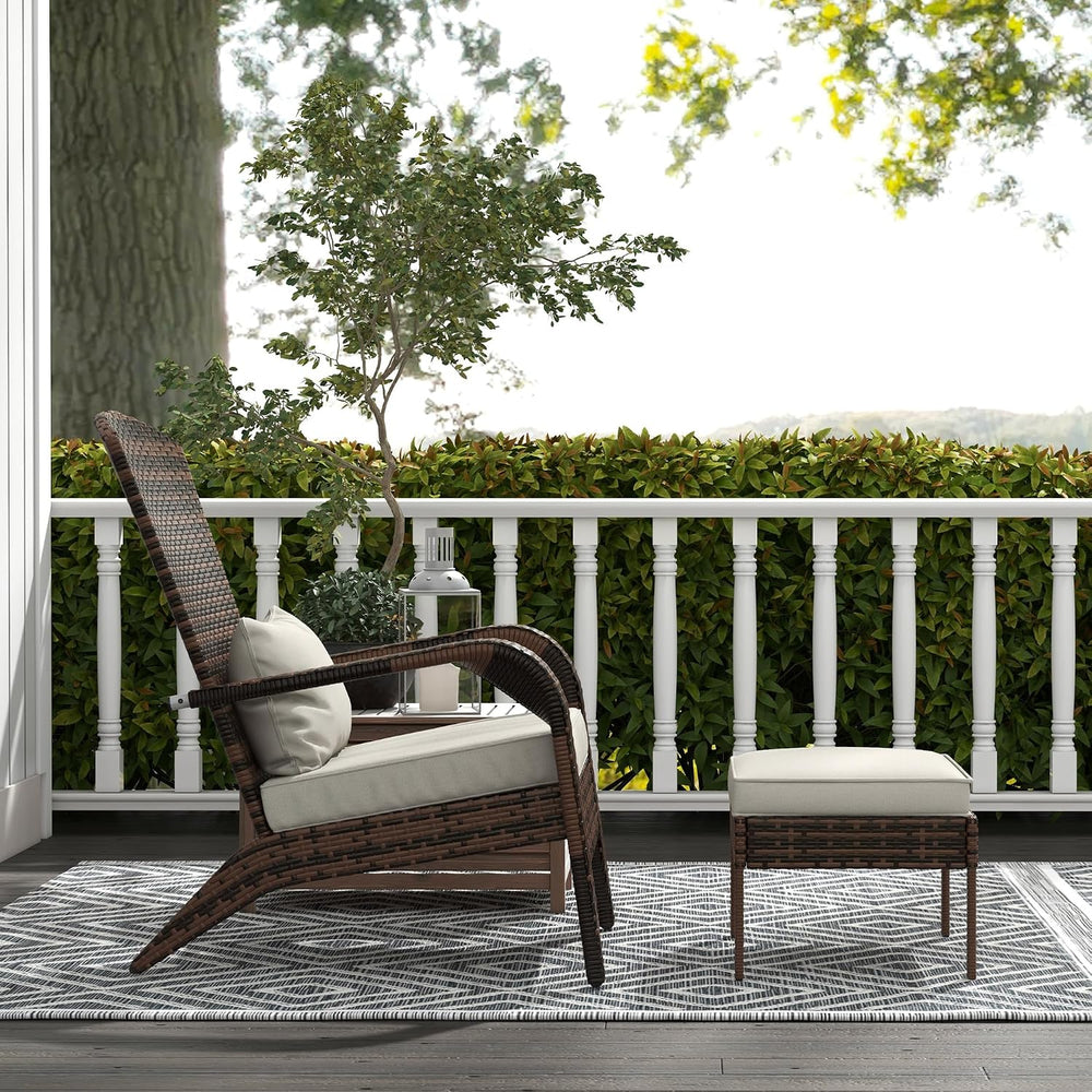 Outsunny Patio Wicker Adirondack Chair with Ottoman High-Back Cream White