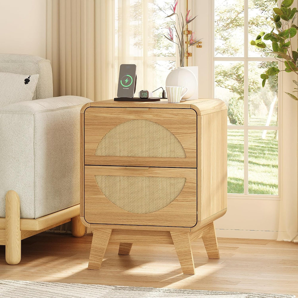 Maupvit Rattan Nightstand with Charging Station, Boho Beside Table with 2 Dra...