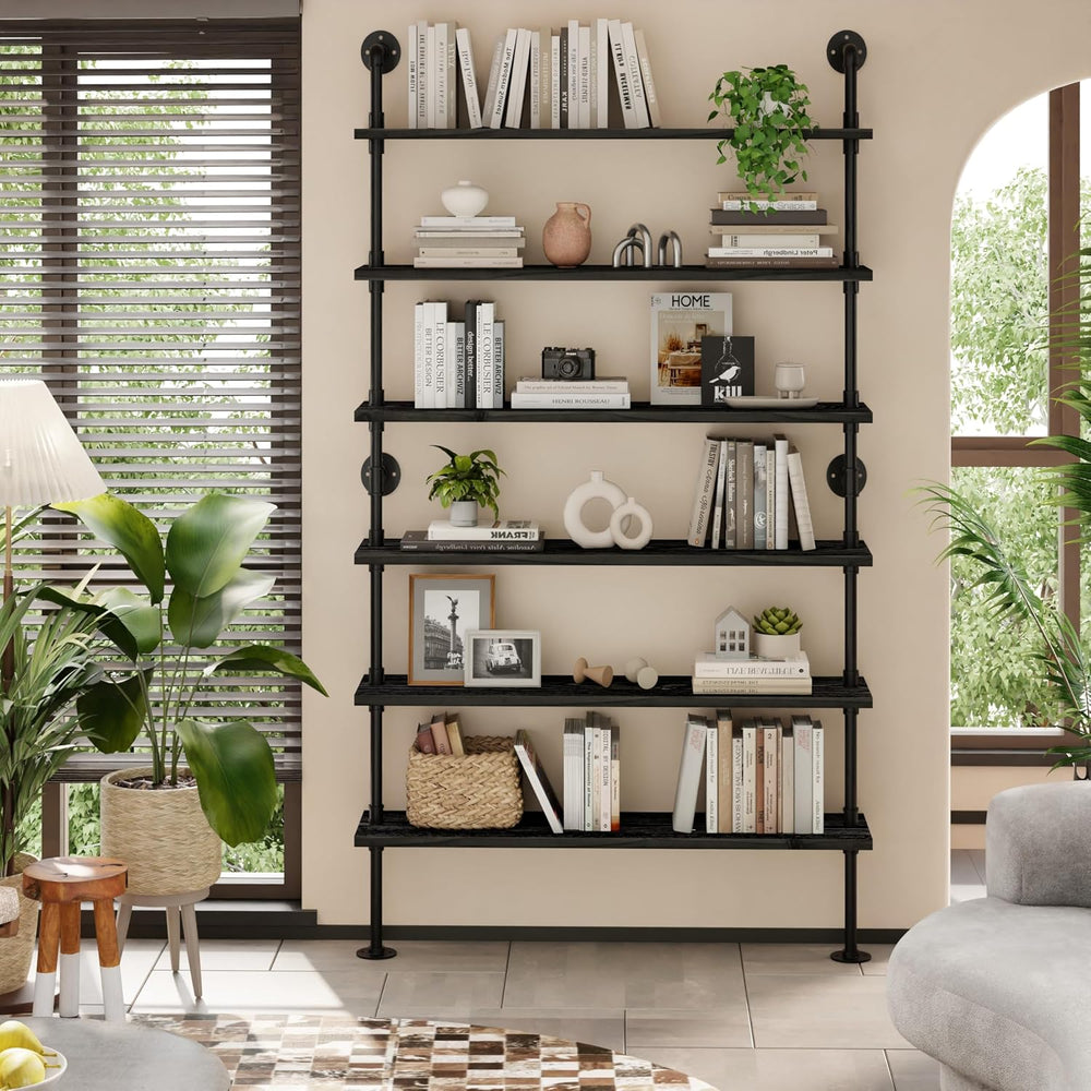 Industrial Pipe Bookshelf, Wall Mounted Shelf, 48 Inch, Black