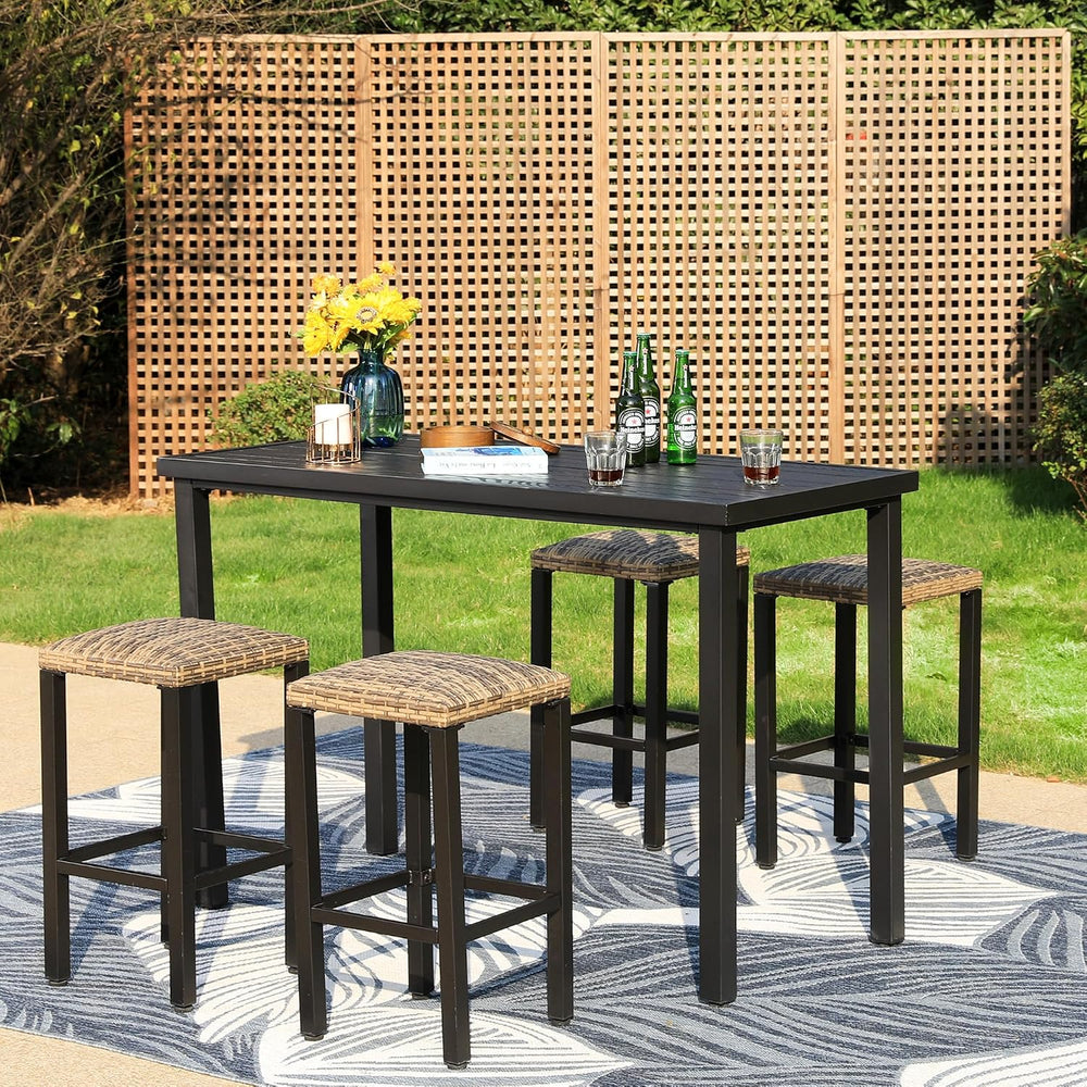PHI VILLA 5 Piece Outdoor Patio Bar Set, Wicker, Bar Height