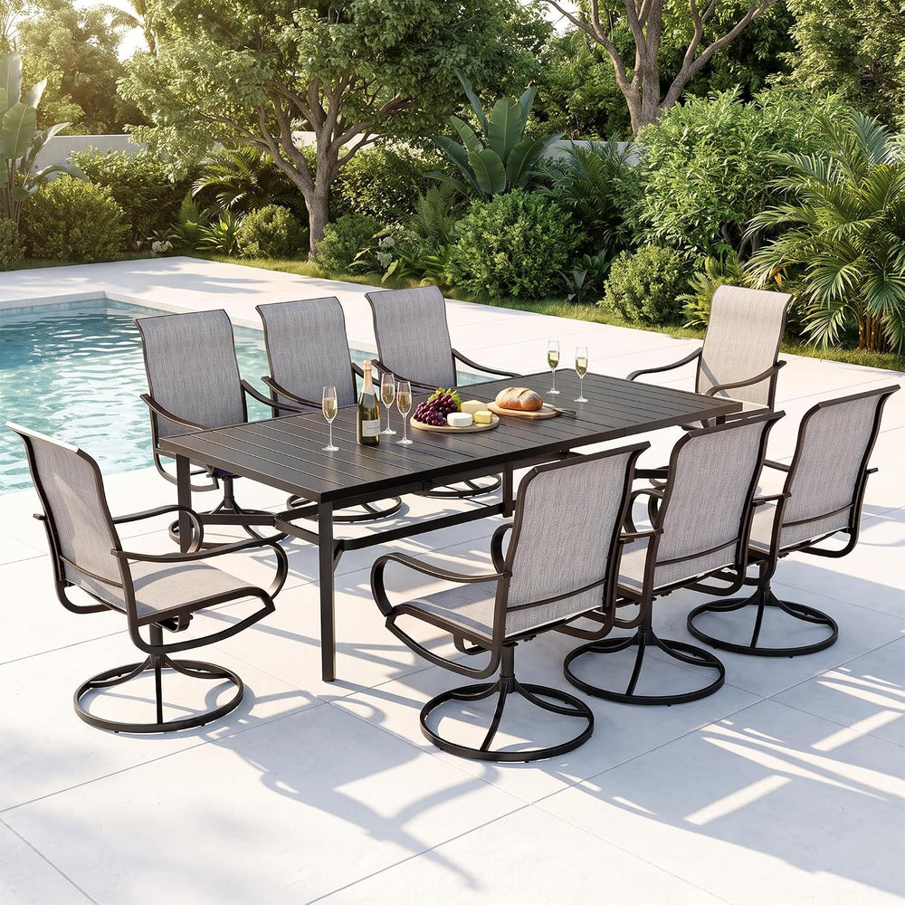 MFSTUDIO 9 Pcs Outdoor Dining Set, 82'' Metal Table & Swivel Mesh...