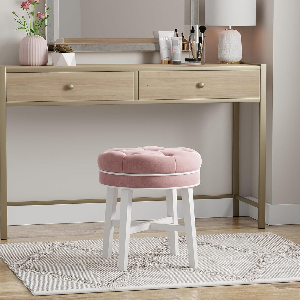 Hillsdale Sophia Round Tufted Wood Upholstered Backless Vanity Stool for Make...