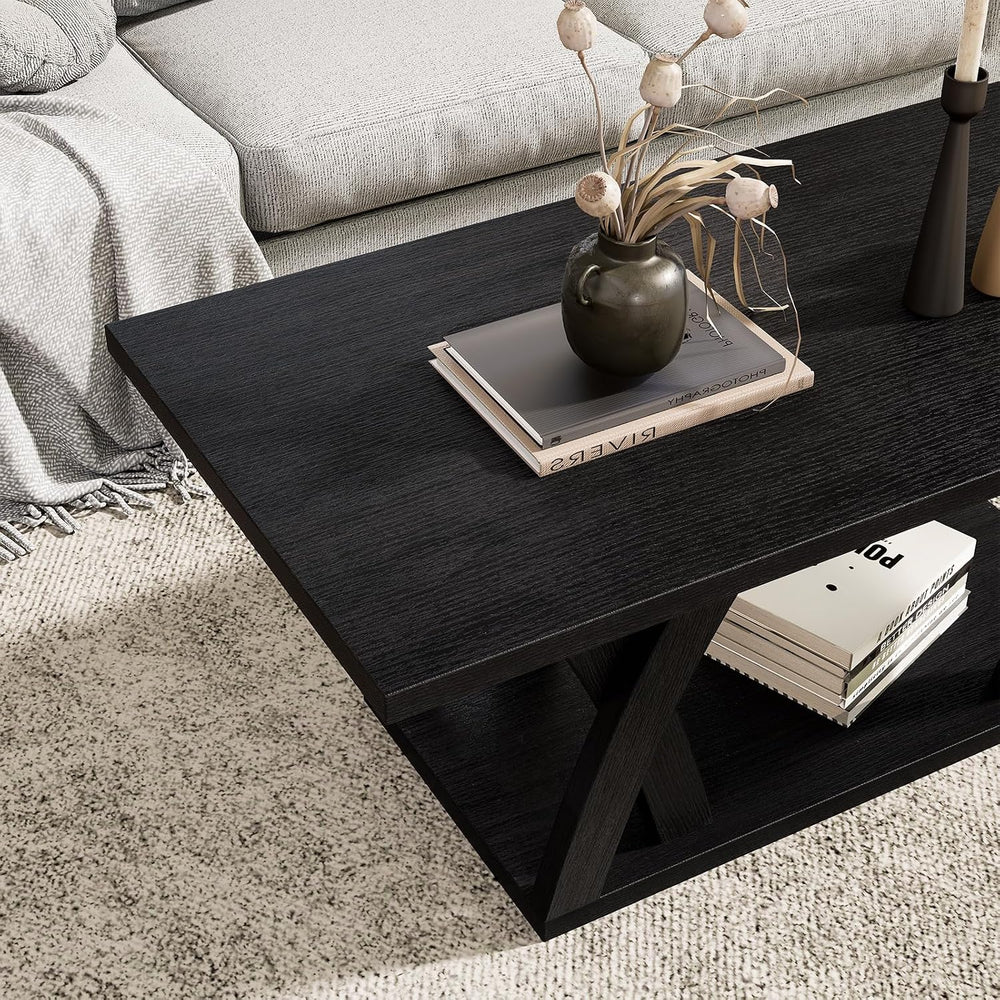 FROMJBEST Wood Coffee Table for Living Room, 47" Center Table, Black
