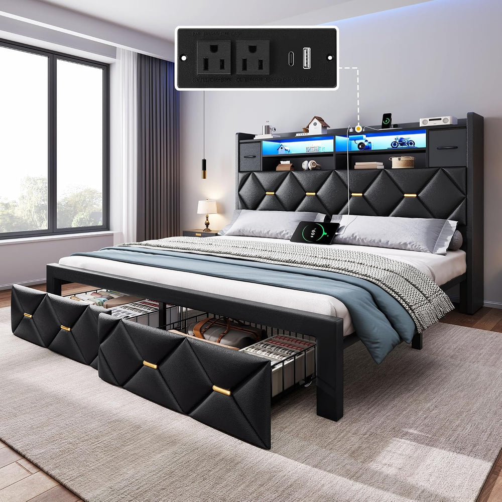 YITAHOME Queen Size Bed Frame with 2 Storage Drawers and Storage Headboard