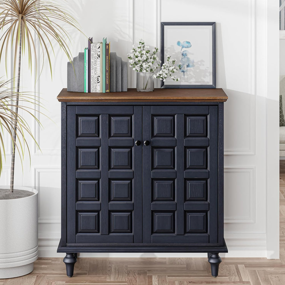 Aoikax Retro 2 Door Storage Cabinet, Dark Blue, Natural Wood