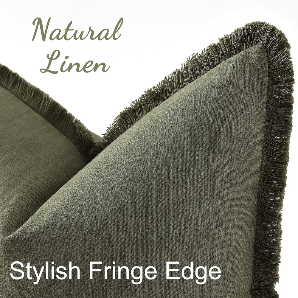 decorUhome Linen Fringe Olive Green Throw Pillow Covers 24x24 Set of 2