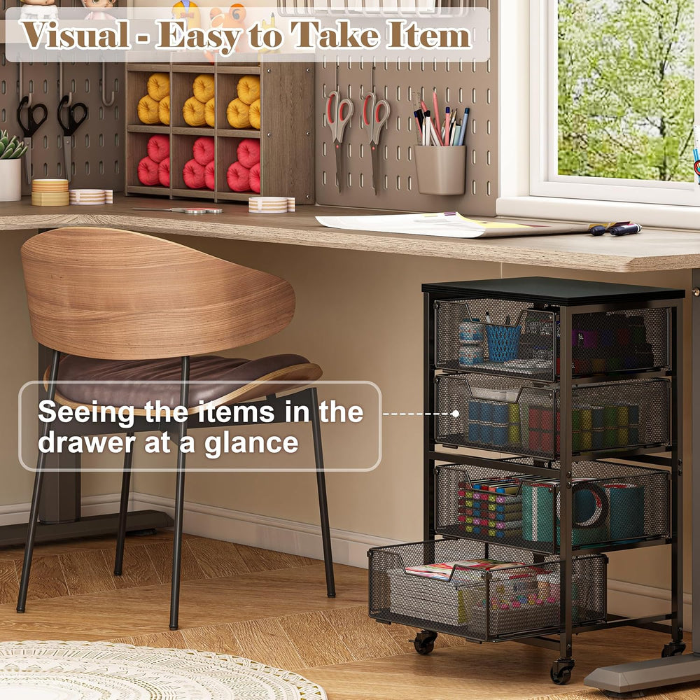 Rolling Cart with Drawers, 4-Drawer Storage Cart on Wheels with Wooden Top, M...