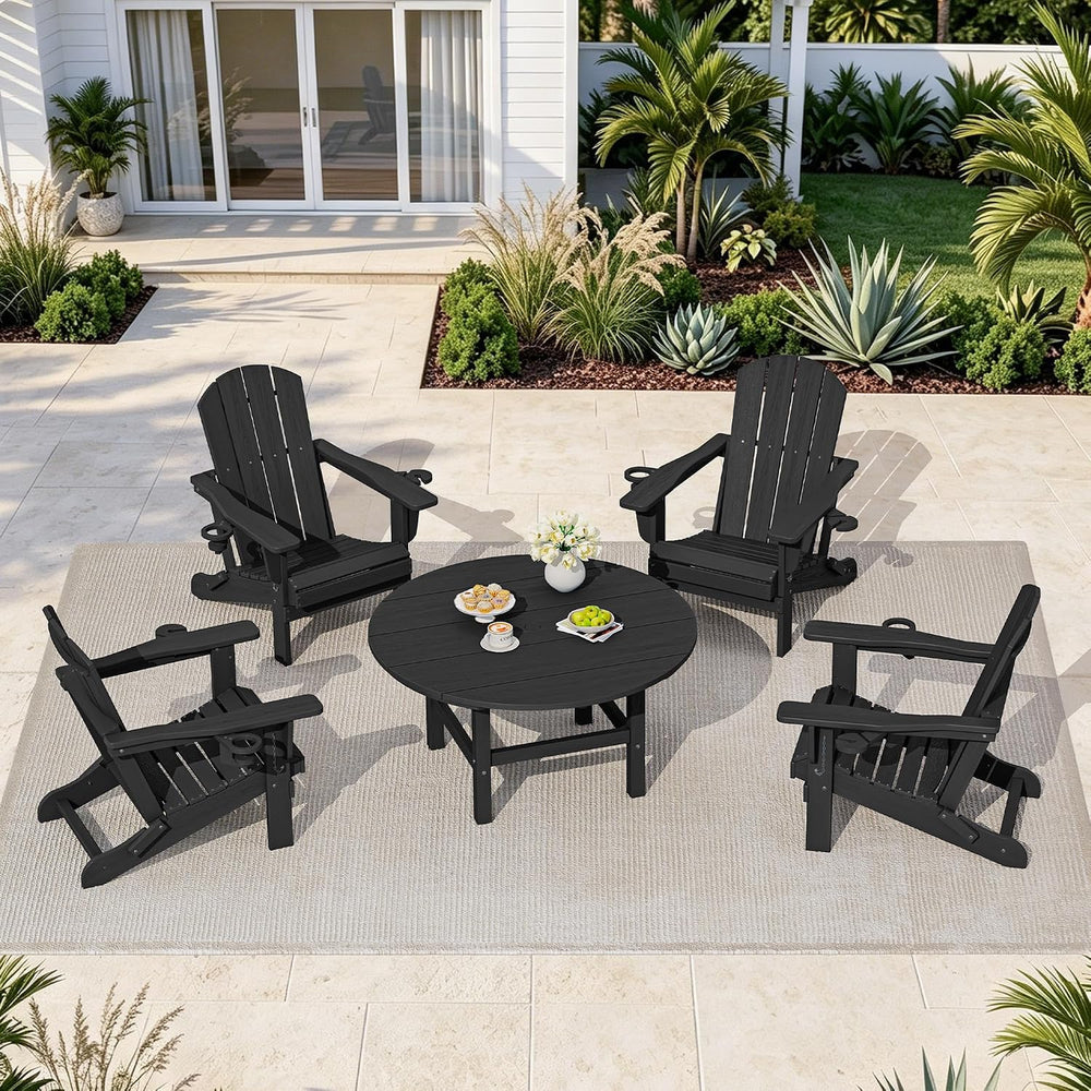 SERWALL 35.5'' Round Outdoor Coffee Table with Umbrella Hole,Black