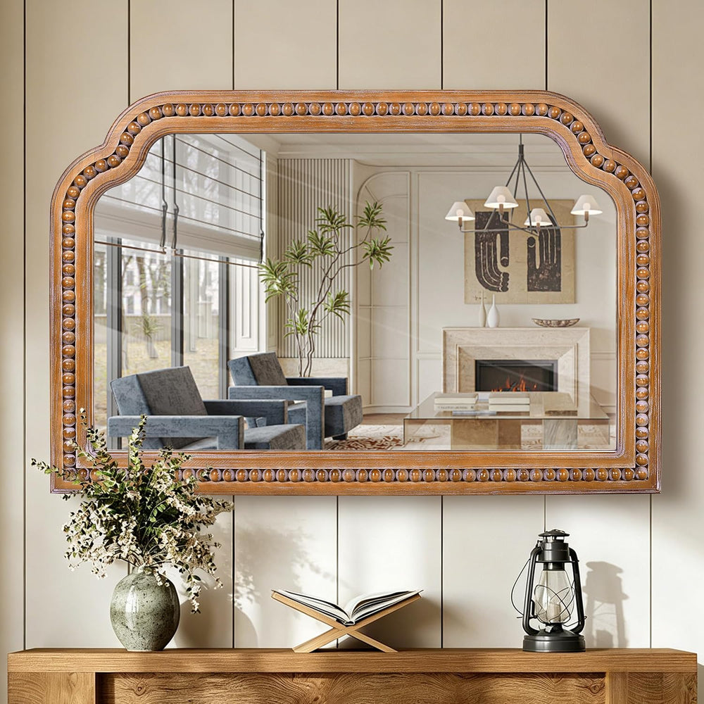 36x24 Inch Farmhouse Arch Wall Mirror Wood Beaded Framed