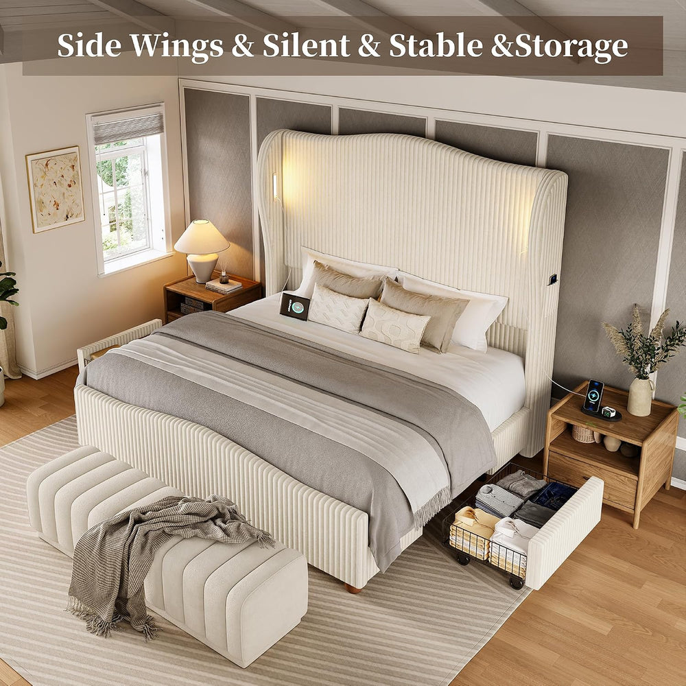 King Size 65" Tall Upholstered Bed with Drawers, USB & LED, Beige