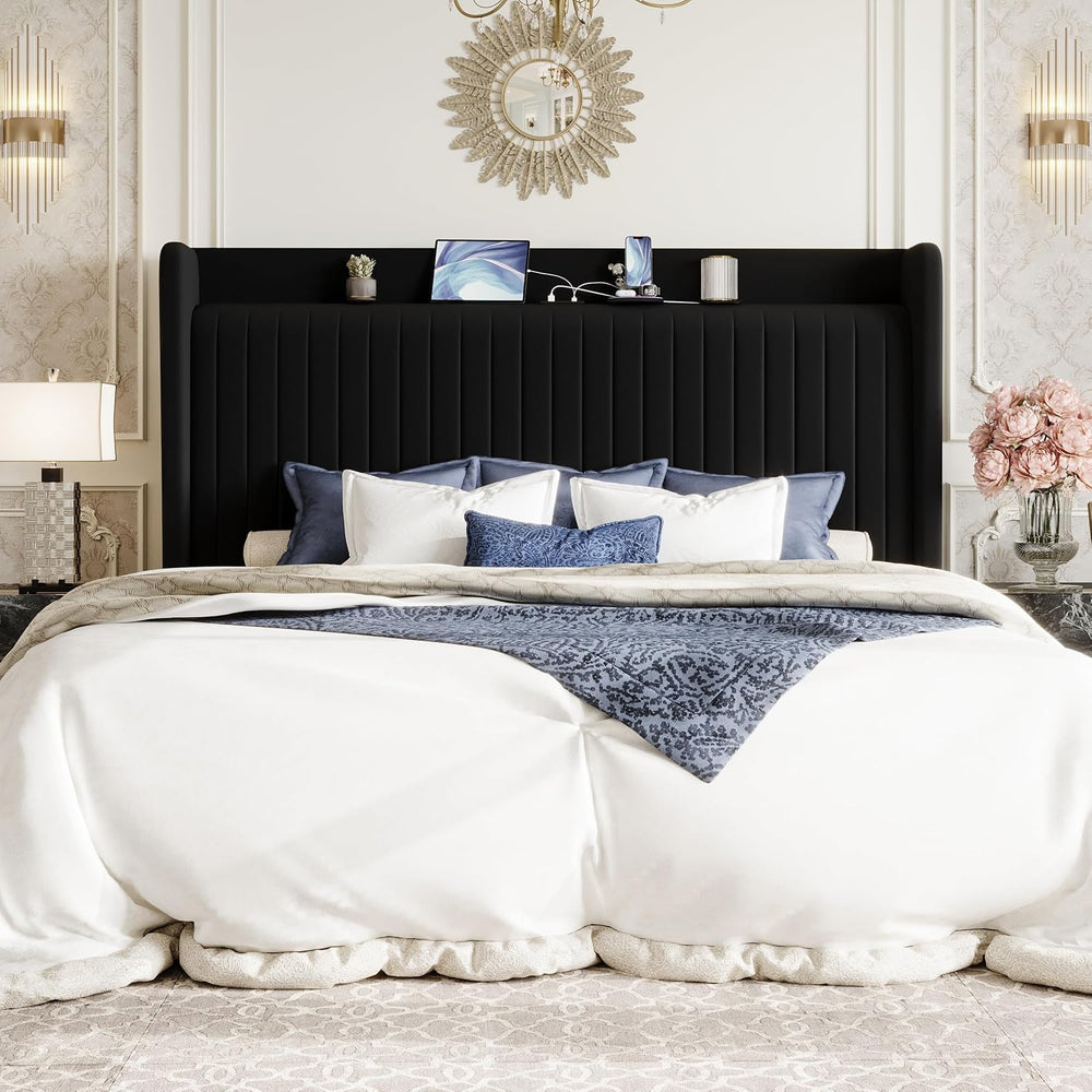 SHA CERLIN King Size Velvet Bed Frame with Shelf, Charging Station, Black