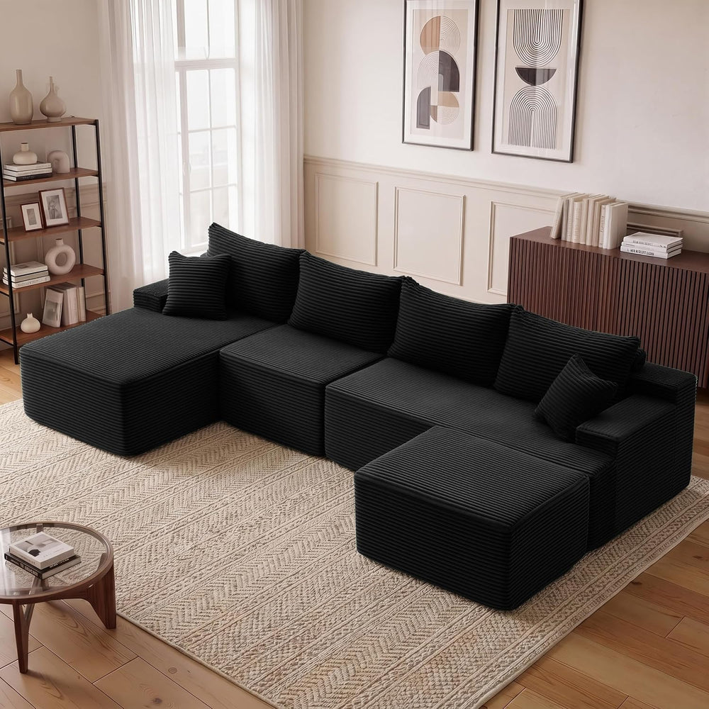 Mangodan 118'' Boneless Couch, U Shaped Couches for Living Room, Black