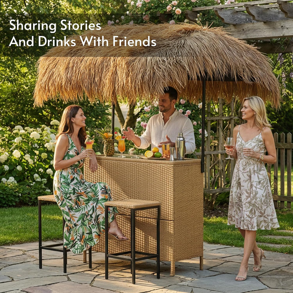 Outdoor Tiki Bar Set with Widen Hula Thatched Shade(48" L), 3-Piece Wick...