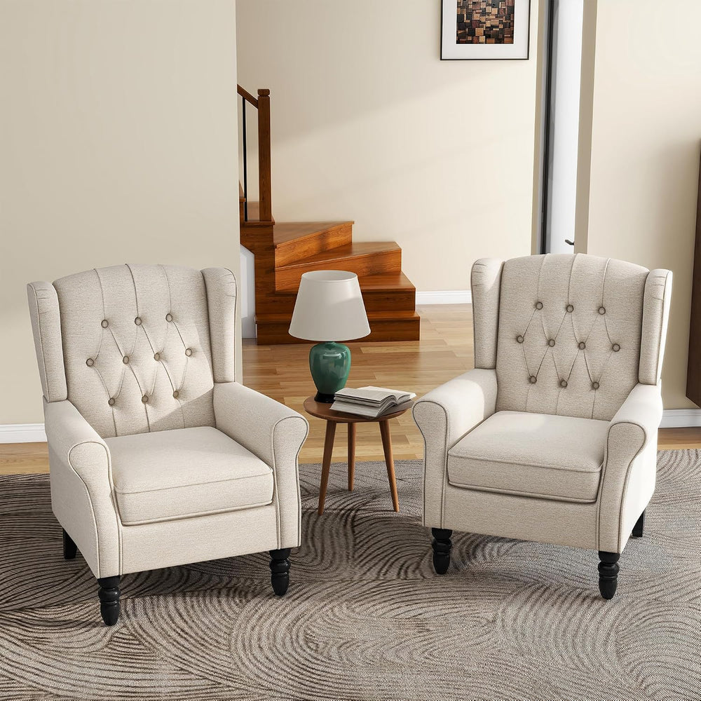 High Back Accent Chairs Set of 2, Wingback Armchair in Fabric, Beige