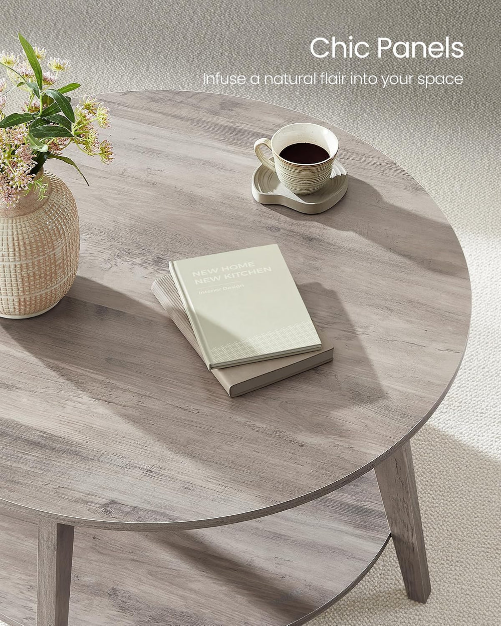 VASAGLE Round Coffee Table, 2-Tier Center Table with Storage, Tapered Legs