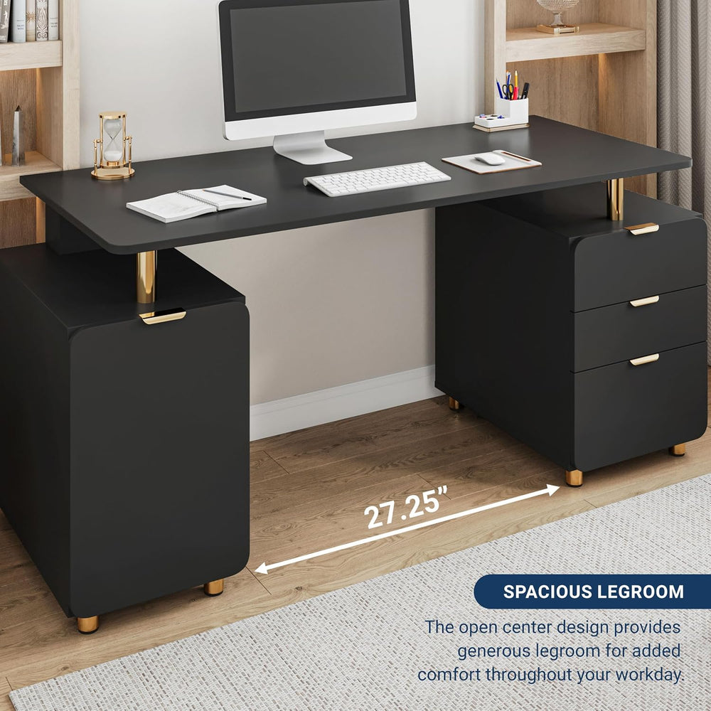 Techni Mobili 57"W Computer Desk w/ 3 Drawers & Storage Cabinet, Bla...