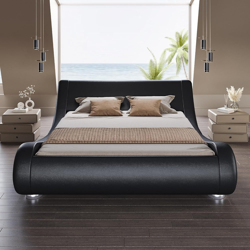 SHA CERLIN Queen Size Sleigh Bed Frame, Low Profile, Faux Leather, Black