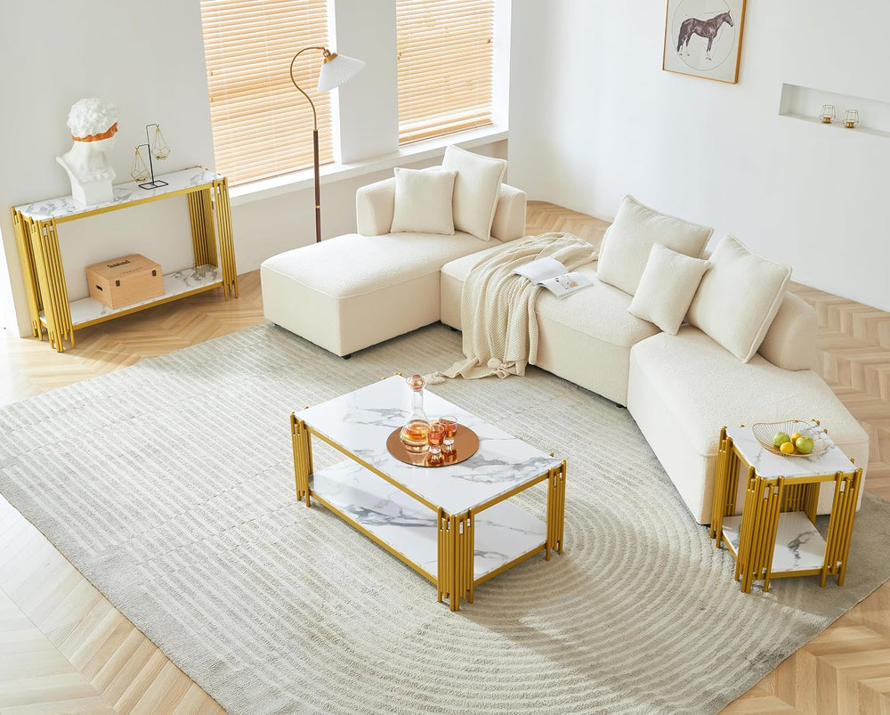 3 Pieces Living Room Table Set, White Faux Marble Coffee Table Set of 3, Mode...