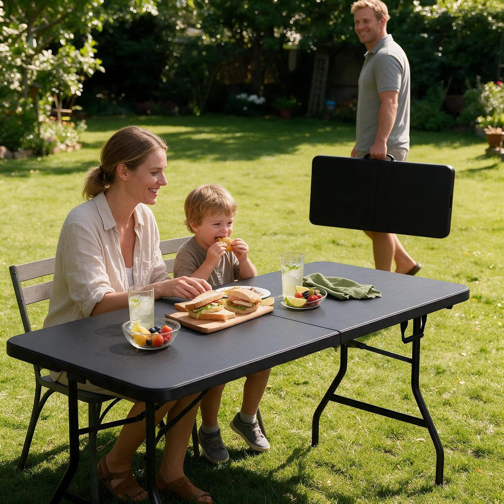 6 FT Folding Table with Built-in Handle and Steel Legs Black
