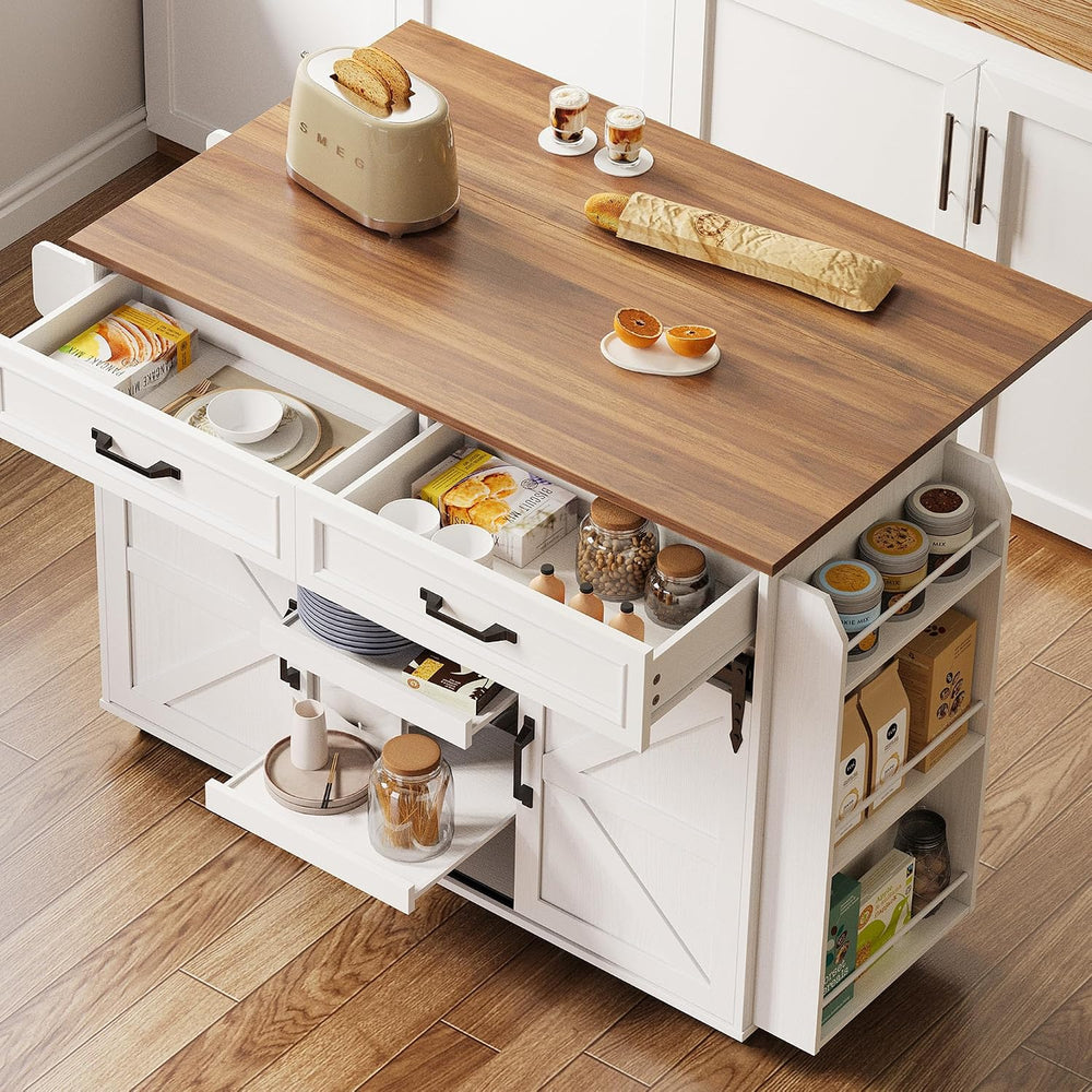 IRONCK Kitchen Island with Storage, Drop Leaf Countertop, White