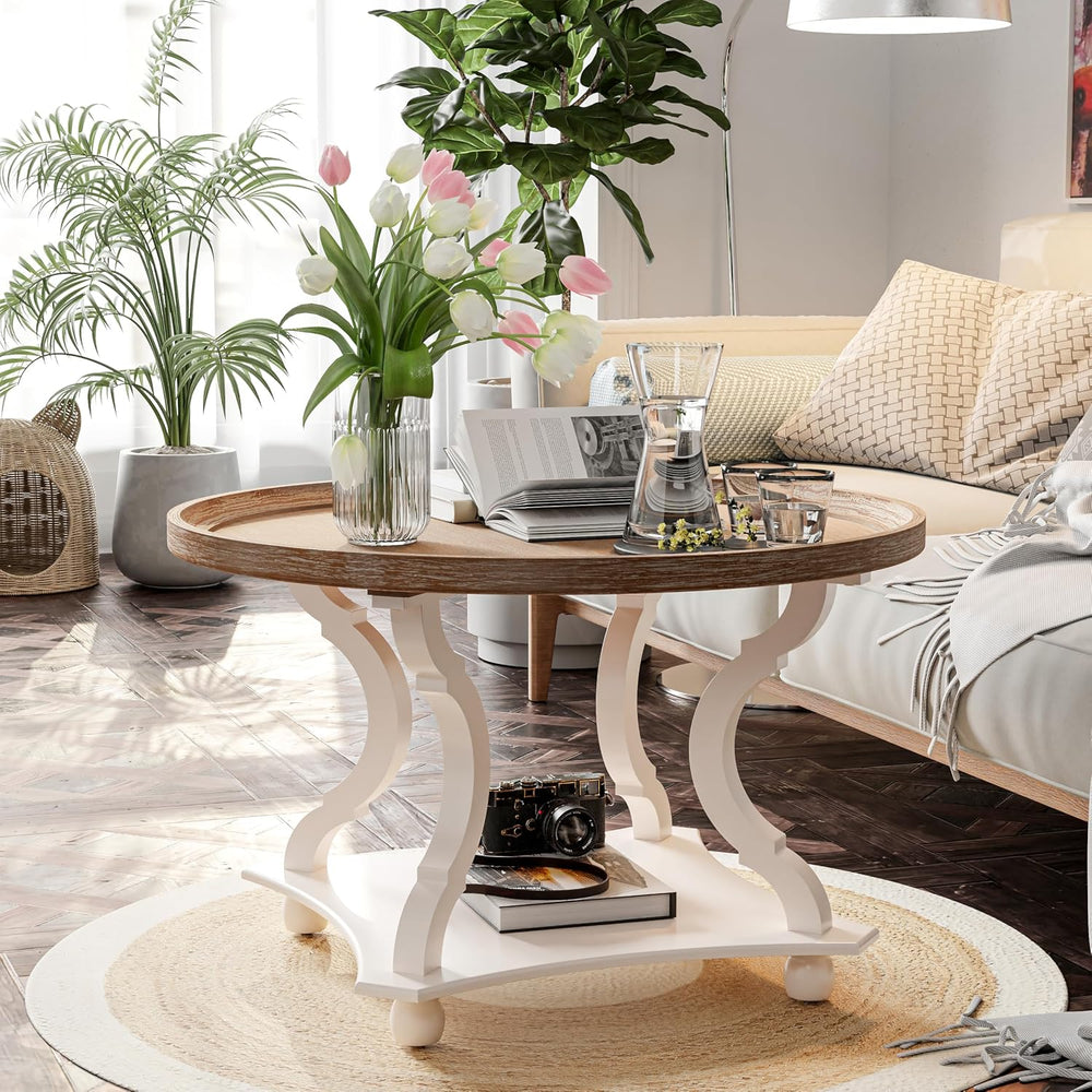 Round Farmhouse Coffee Table with Tray Top, Handmade Finish, White
