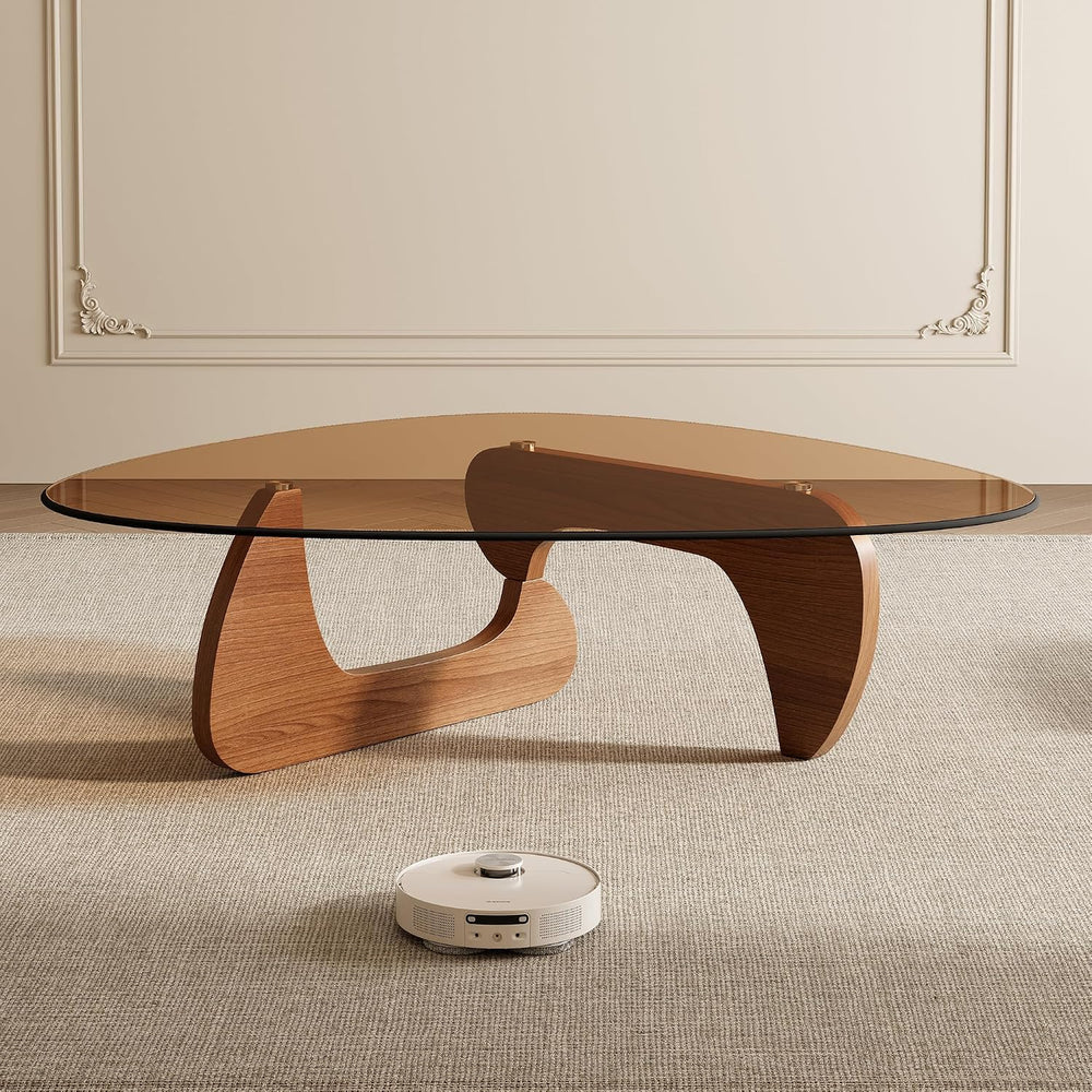 Mid Century Modern Triangle Coffee Table, Tempered Glass Top Solid Wood Base ...