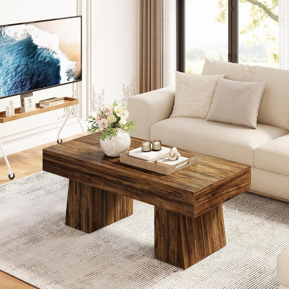 LITTLE TREE Farmhouse Coffee Table, 47 Inches Living Room Table, Rectangular ...