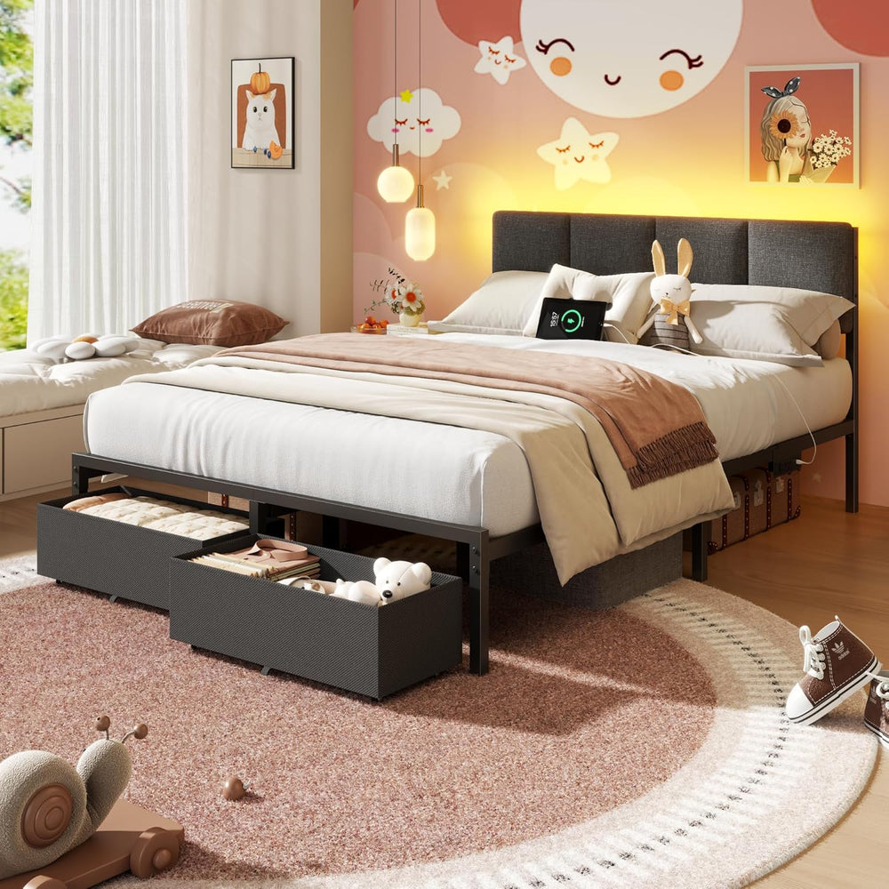 Furnulem Full Size Bed Frame with Upholstered Headboard & 2 Storage Drawers