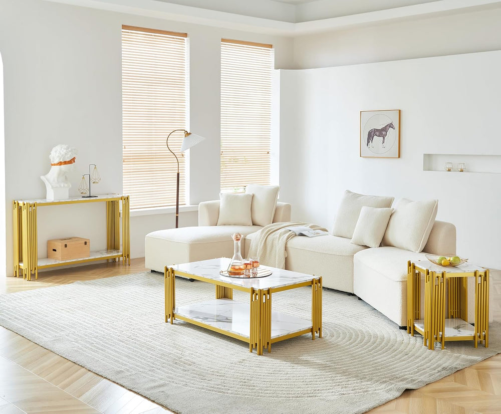 3 Pieces Living Room Table Set, White Faux Marble Coffee Table Set of 3, Mode...