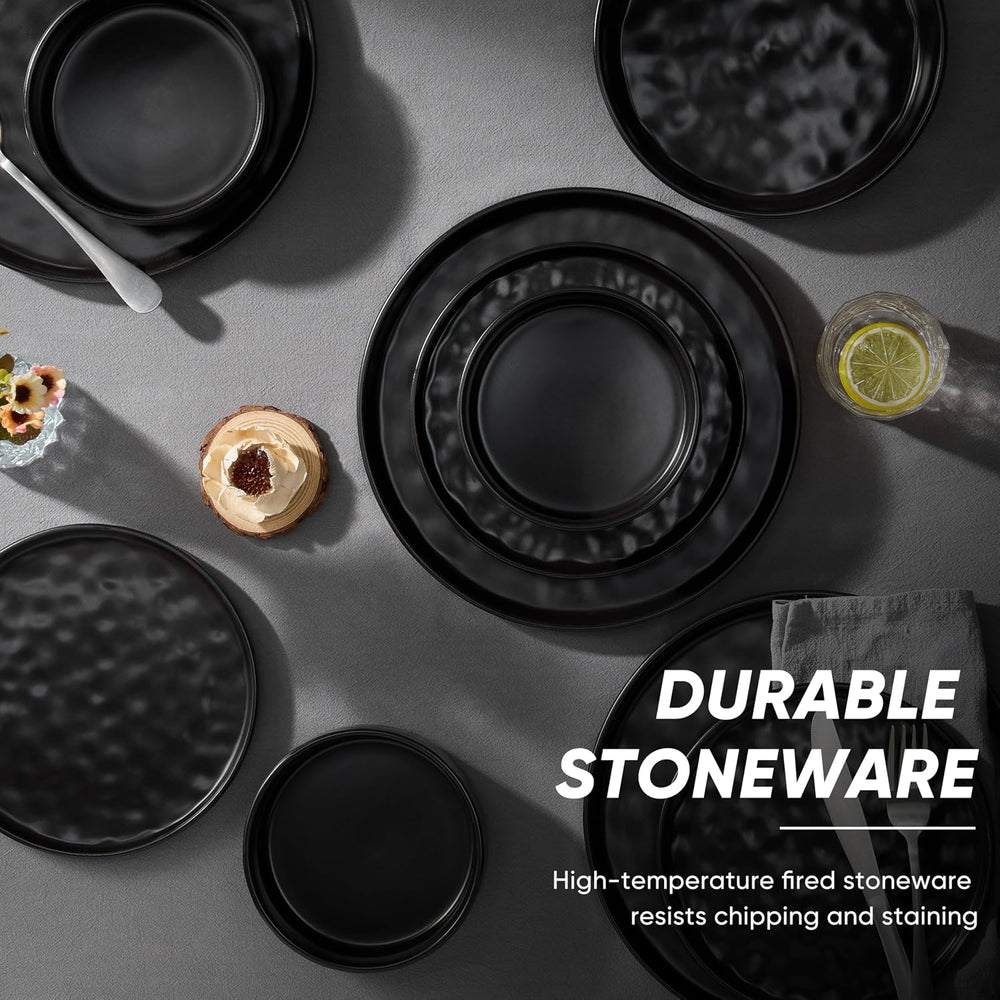 E-far Black Plates and Bowls Sets, 8-Piece Stoneware Dinnerware Set for 2