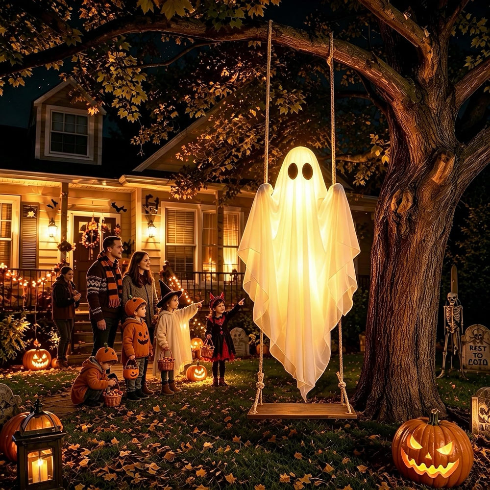 Halloween Decorations Outdoor – Hanging Swing Ghost 4-8FT, Remote Light Up